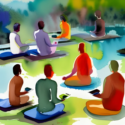 Meditating yogi men&#039;s and women&#039;s happily using their Laptops PC&#039;s, Desktop PC&#039;s, Tabs, and Smart Phones