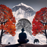 Depict a meditator on the highest Himalayan peak. Behind him, a large tree with orange, red, and black leaves symbolizing Craving, Aversion, and Ignorance. He sits in front, embodying Equanimity, observing these transient mental states. Capture the serene atmosphere and the essence of Impermanence