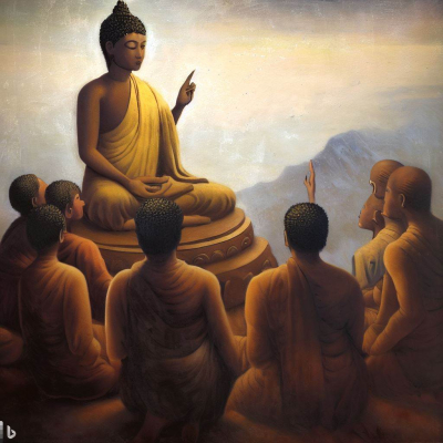 The lord Buddha is teaching his followers the Vipassana meditation on top off the Hamalian mountain