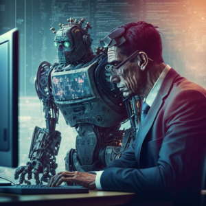 AI Robot seaching some information for his boss using a windows computer